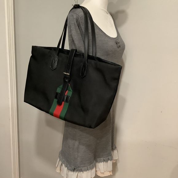 🖤GUCCI 337070 Techno with Web Detail Black Canvas ToTE🖤GENDERLESS - Picture 5 of 12
